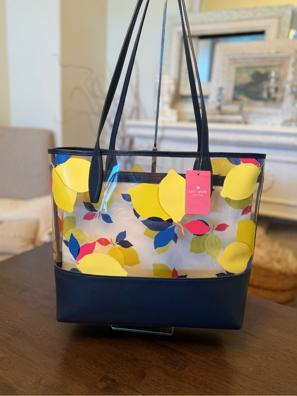 NWT New Kate Spade Navy See-Through Lemon Zest Large Triple Compartment Tote